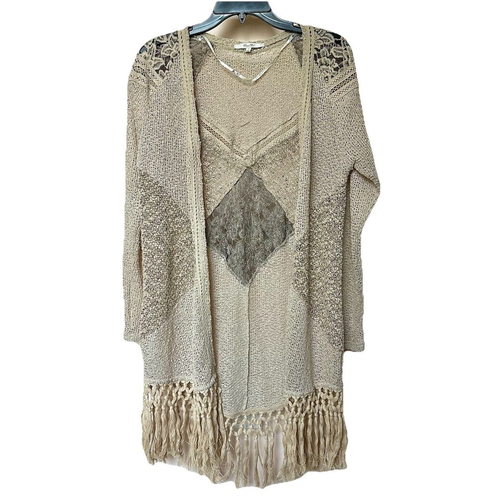 Miss Me Cardigan Sm Tan Beige Lace Crochet Fringe Knit Open Front Boho Western